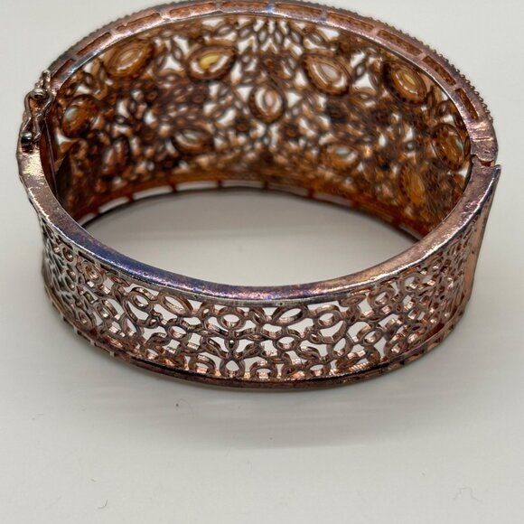 Vintage Filigree Hinge Bracelet Rose Gold-tone Rhinestones Safety Clasp - Picture 6 of 16